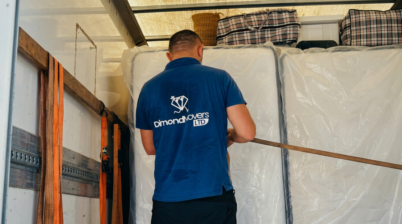 Dimond Movers team loading a wrapped sofa into a Luton removals van outside a UK home