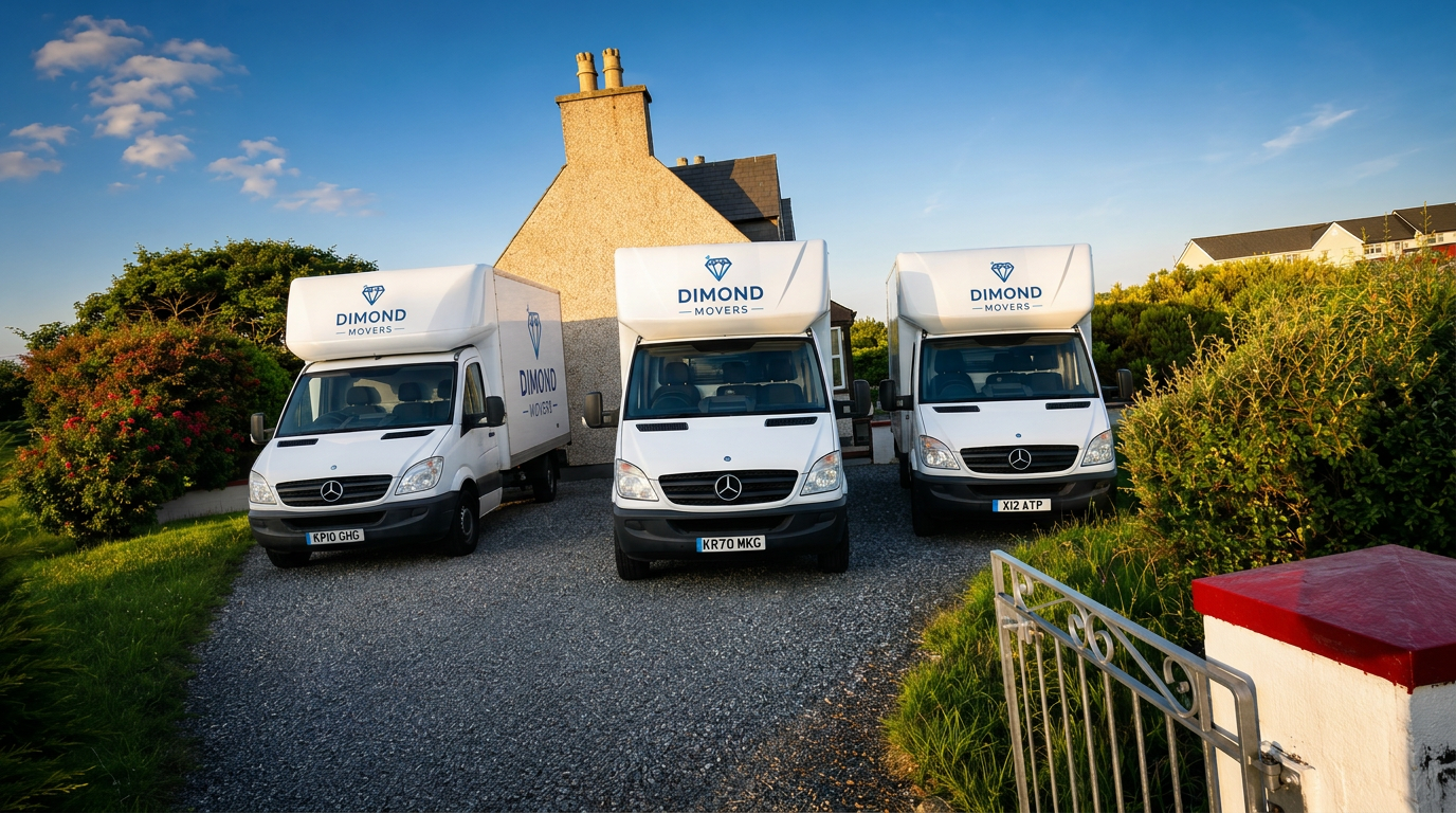 Dimond Movers branded Mercedes Luton fleet parked at an English home in warm golden-hour light