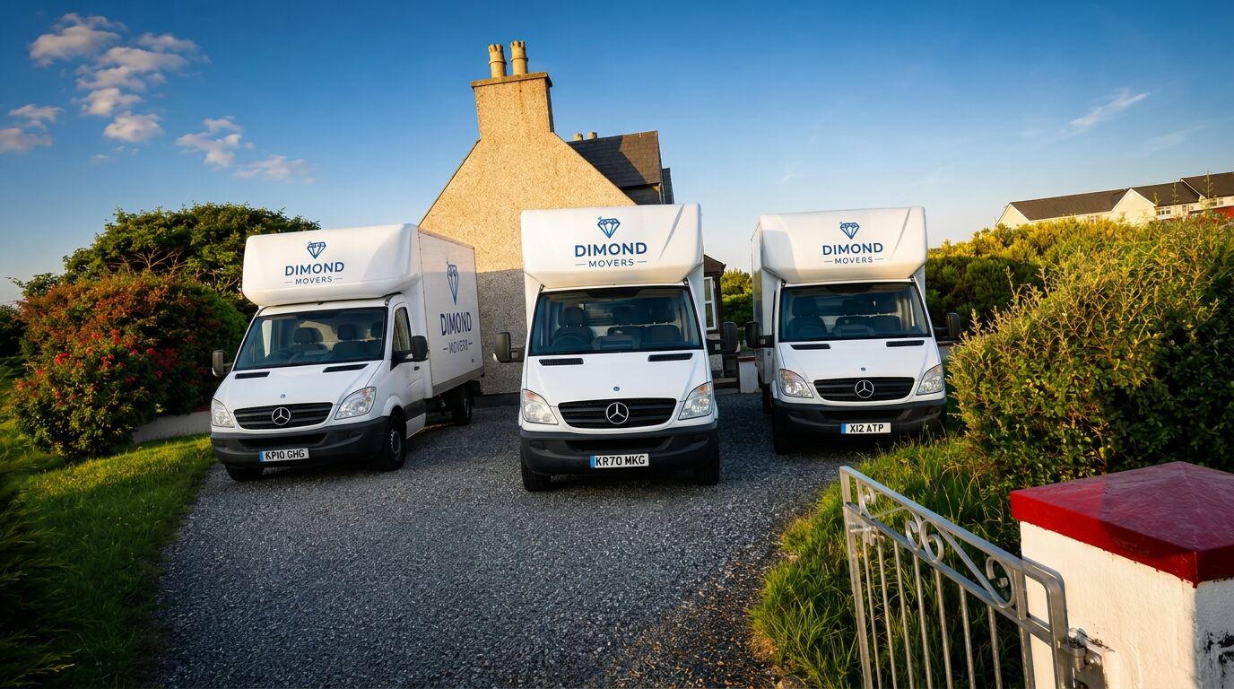 Dimond Movers branded Mercedes Luton fleet parked at an English home in warm golden-hour light