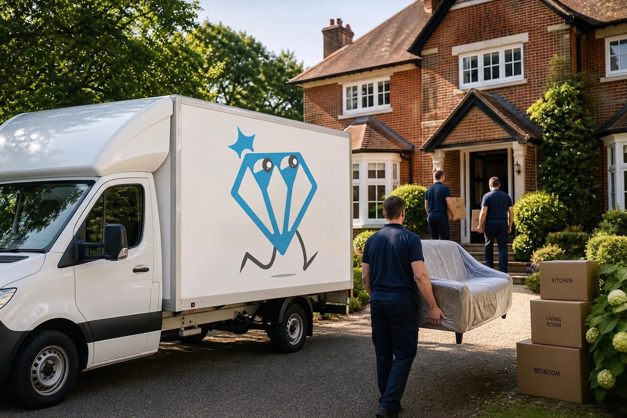 Uniformed Dimond Movers crew loading a wrapped sofa into a branded Luton van outside an English mansion